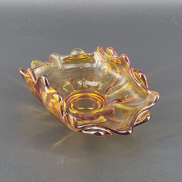 Viking Double Crimped Folded Amber Glass Footed Candy Dish Bowl - Picture 1 of 3